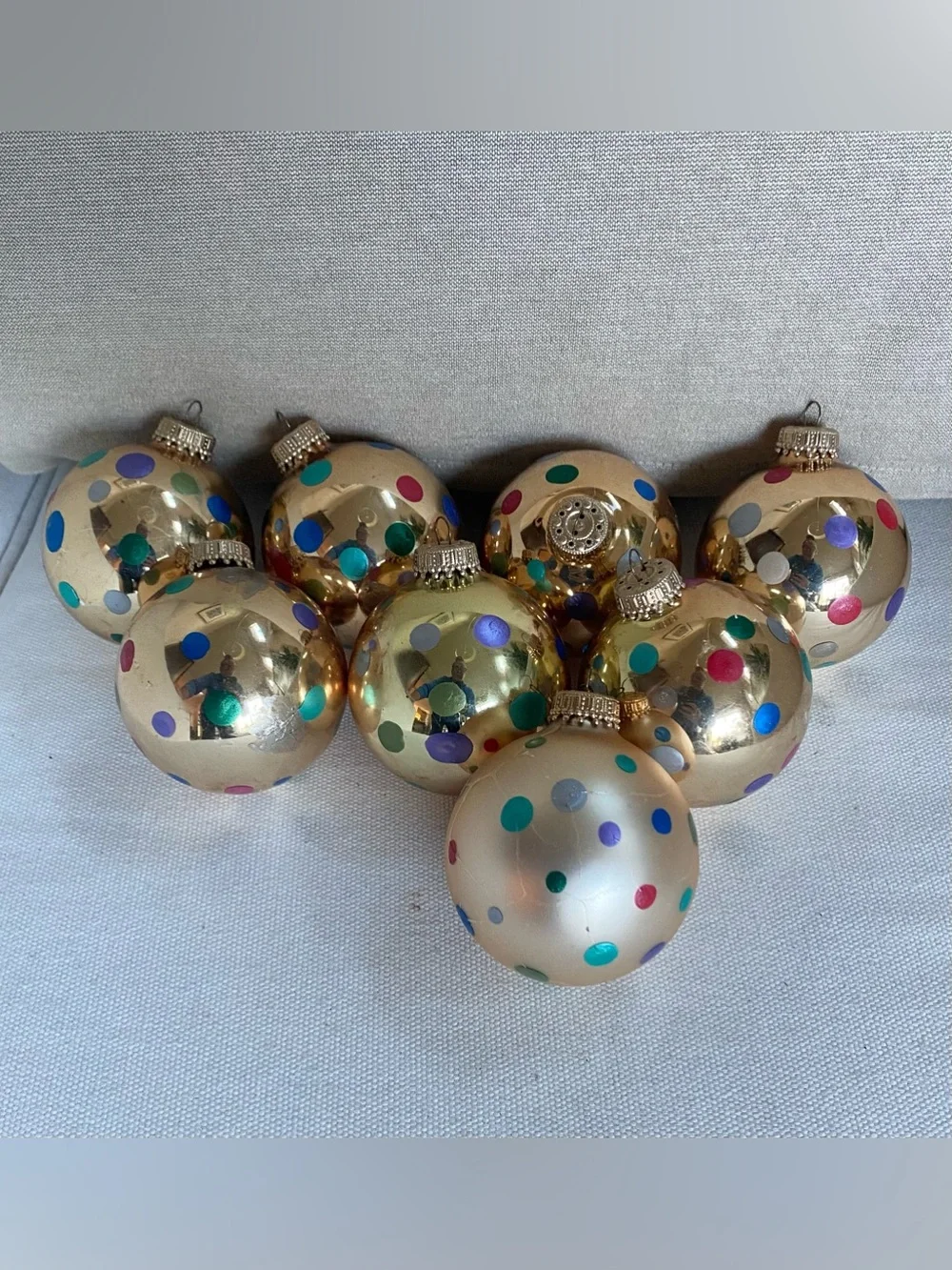 Vintage Christmas by Krebs Gold Preppy Polka Dot Glass Ornaments Set of 8